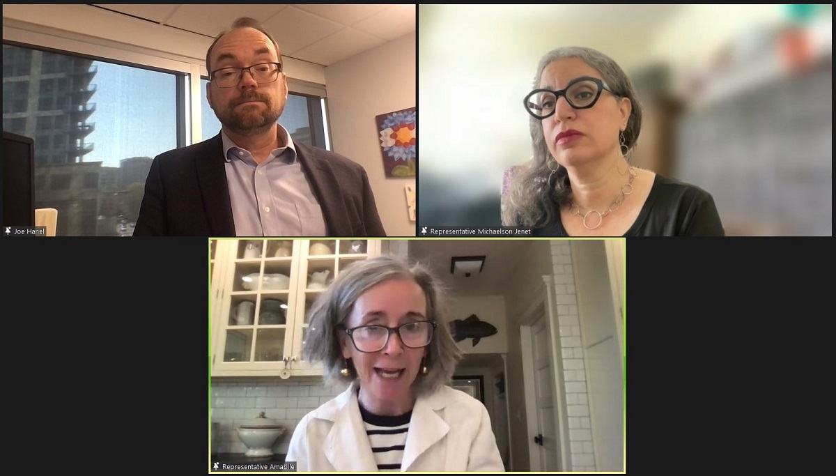 A Zoom screen showing Joe moderating a panel with Rep. Dafna Michaelson Jenet and Rep. Judy Amabile.