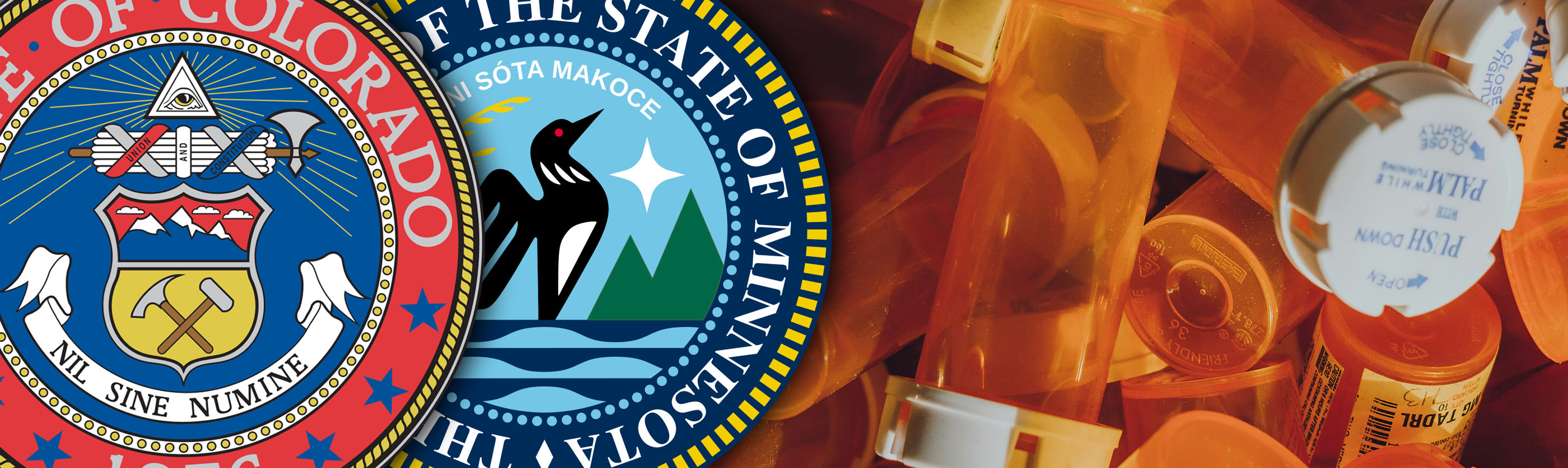Image of Colorado and Minnesota state seals on top of a pile of prescription pill bottles