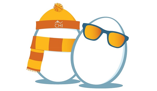 Eggheads climate logo showing two eggs: one with sunglasses, the other with a hat and scarf.