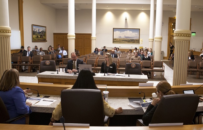 Joe Hanel and Allie Morgan speak at a legislative committee meeting in 2018.