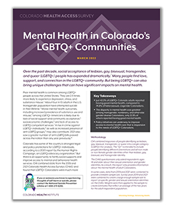 A cover image of the report showing a purple graphic of the C H I logo with the report name "Mental Health in Colorado's LGBTQ+ Communities" written in white over the logo