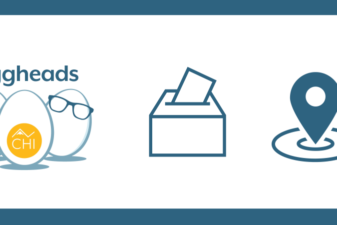 Eggheads with glasses, ballot box, and a navigation image