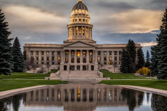 A.I.-imaged picture of the Colorado capitol with a reflecting pool