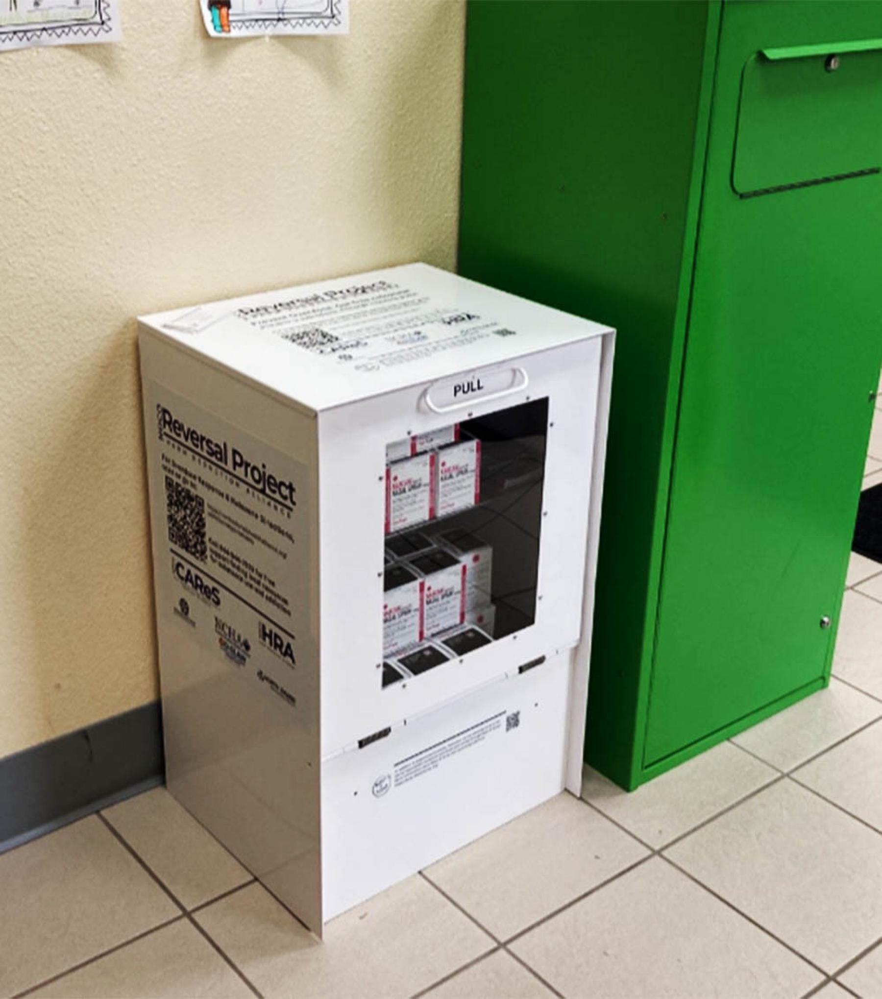A Naloxone distribution box at a medical facility in Northern Colorado.