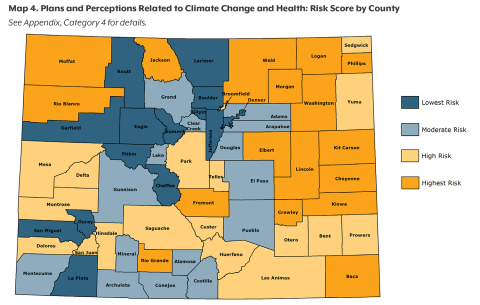 Colorado map showing plans and perceptions scores in CHI's Health and Climate Index, with the highest risk on the Eastern Plains and far northwest Colorado.
