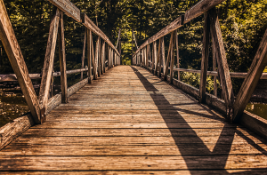 A picture of a wooden bridge, looking from one end to the other